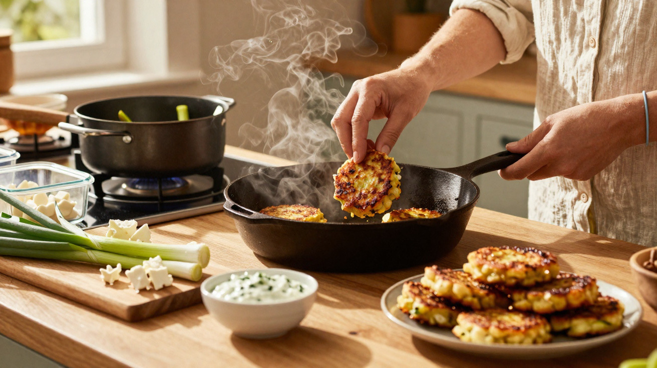 Pessoa a cozinhar bolinhos dourados numa frigideira de ferro num ambiente de cozinha luminosa.