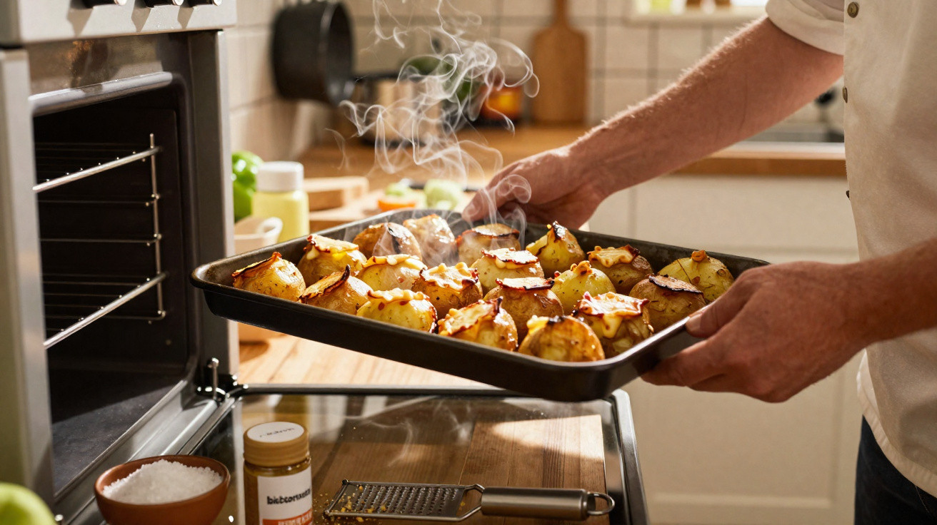 Pessoa a retirar batatas recheadas e fumegantes do forno numa cozinha caseira.