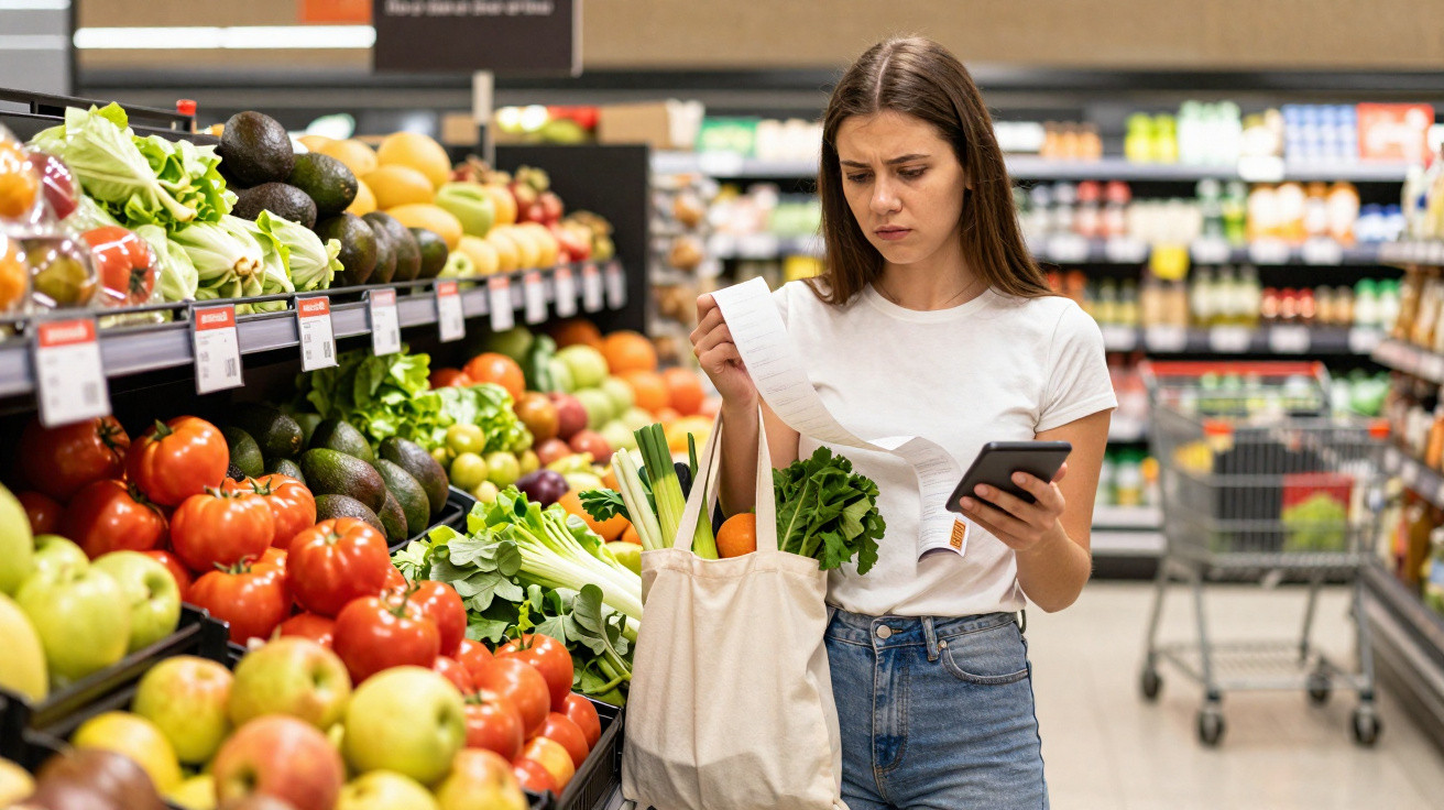 Mulher com saco de compras na mão a analisar fatura no corredor de fruta e legumes no supermercado.