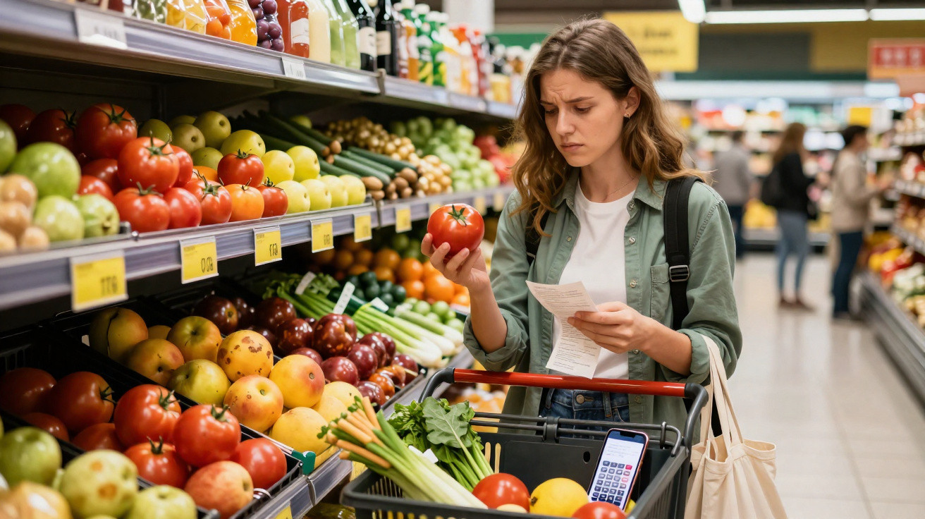 Mulher a verificar lista de compras enquanto escolhe tomate em supermercado junto a carrinho com legumes.