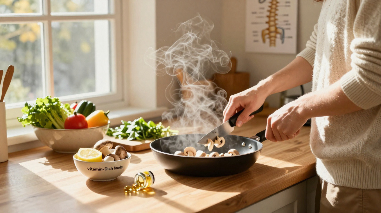Pessoa a cozinhar cogumelos numa frigideira numa cozinha luminosa com vegetais frescos numa bancada de madeira.