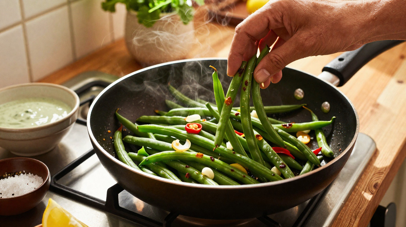 Mãos a cozinhar feijão verde com alho e pimenta numa frigideira fumegante no fogão.