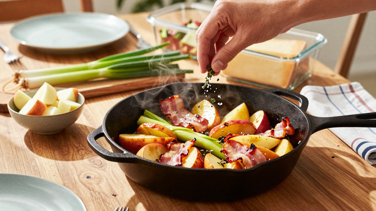 Mão polvilhando ervas sobre frigideira com batatas, bacon e cebolas em mesa de madeira.