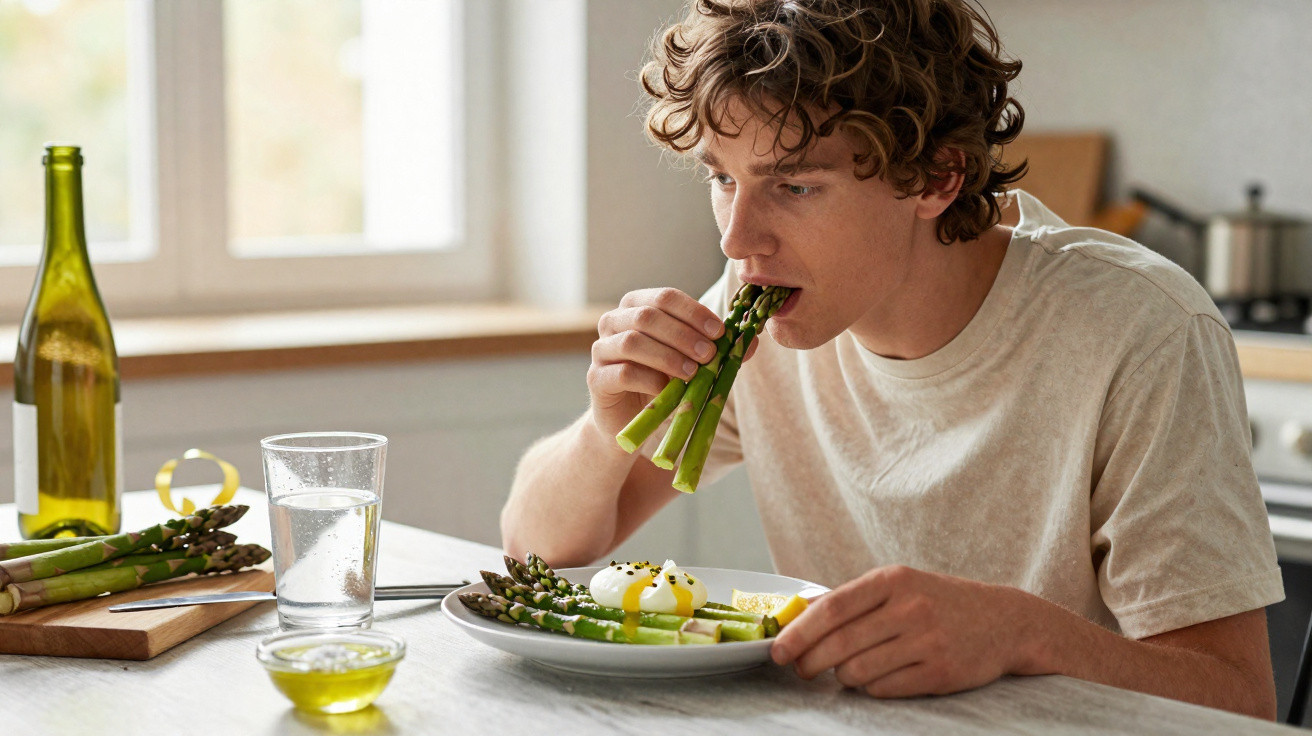 Homem a comer espargos verdes numa cozinha moderna, sentado à mesa com prato e vidro de água.