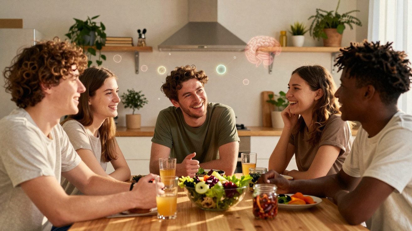 Cinco jovens sentados à mesa de cozinha, a conversar e sorrir, com salada e sumos à frente.