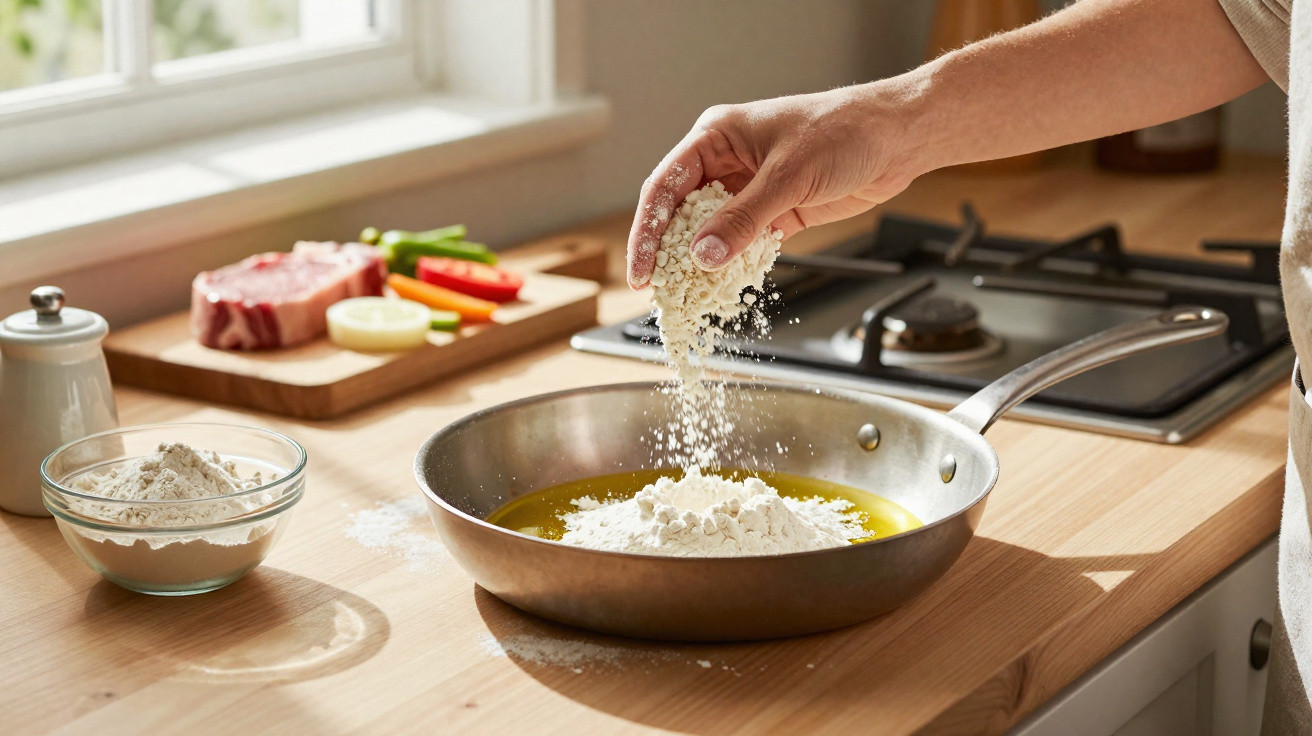 Mão a deitar farinha num tacho com óleo numa cozinha com carne, legumes e especiarias ao fundo.