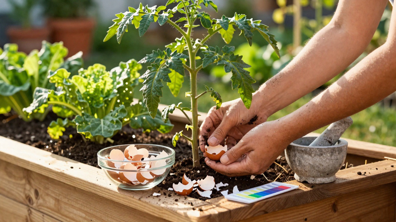Mãos a colocar cascas de ovos trituradas na terra de uma horta com tomateiro e outras plantas.