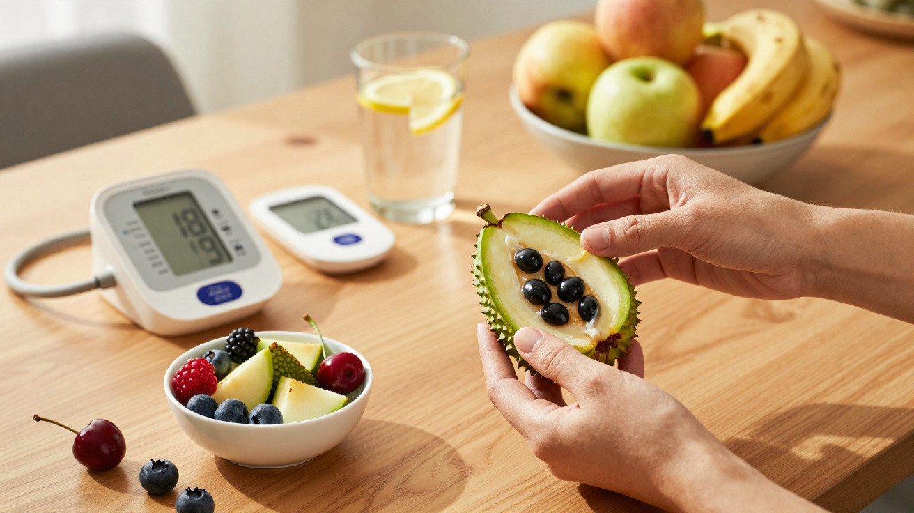 Mãos seguram fruta exótica partida, ao lado de um medidor de pressão, uma tigela de frutos vermelhos e uma taça de água com l