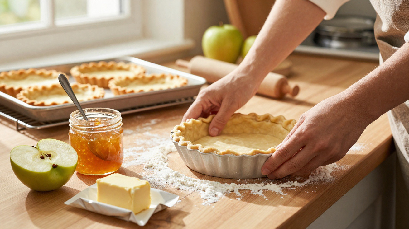 Mãos a preparar base de tarte numa cozinha com maçã, manteiga, compota e tarteiras no fundo.
