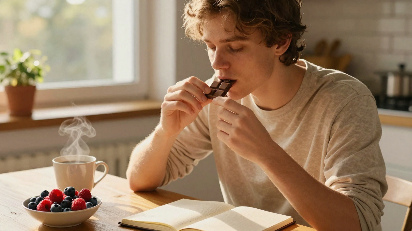 Jovem a comer chocolate sentado à mesa com chá quente, uma tigela de frutos vermelhos e um caderno aberto.