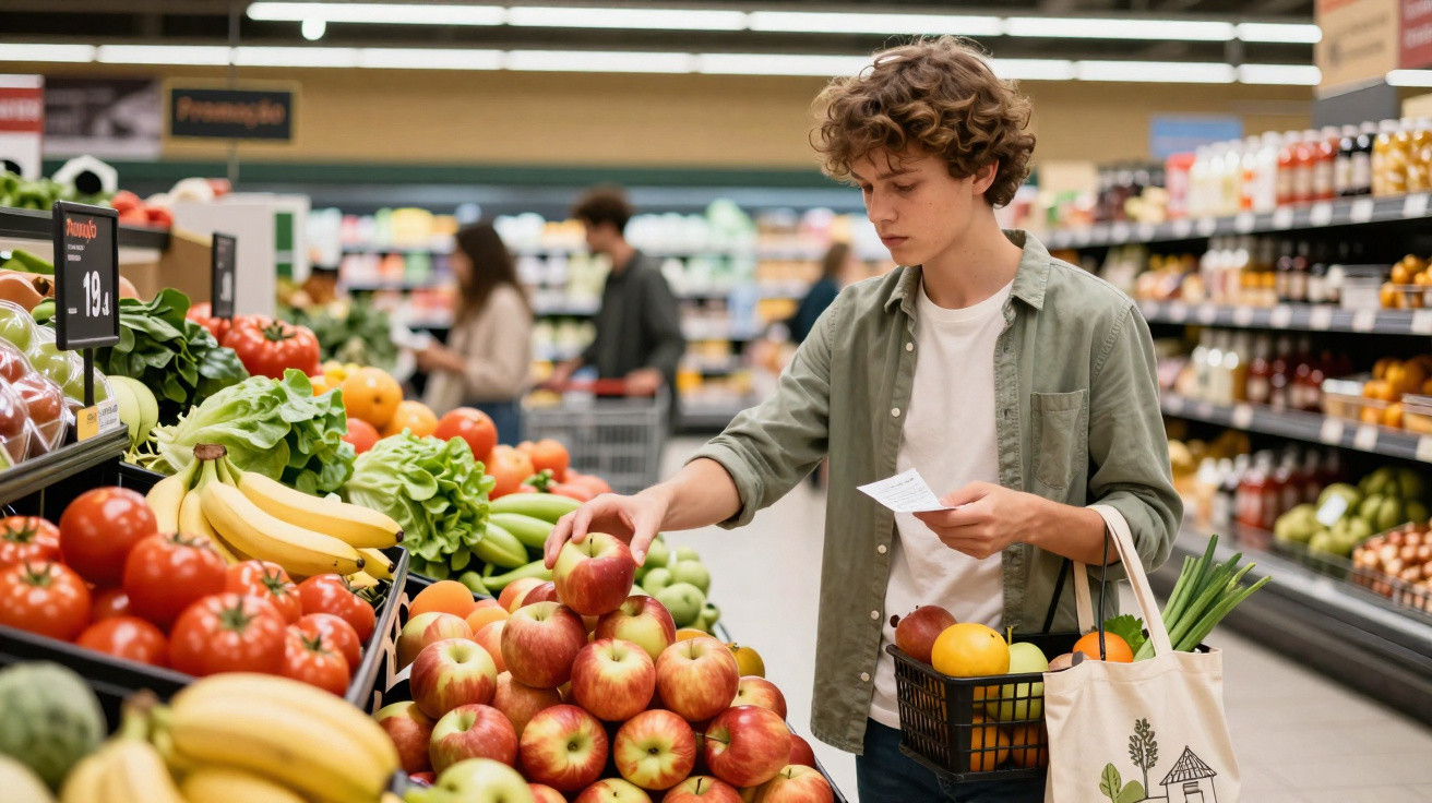 Jovem escolhe maçãs numa seção de frutas frescas num supermercado, com carrinho e lista de compras.