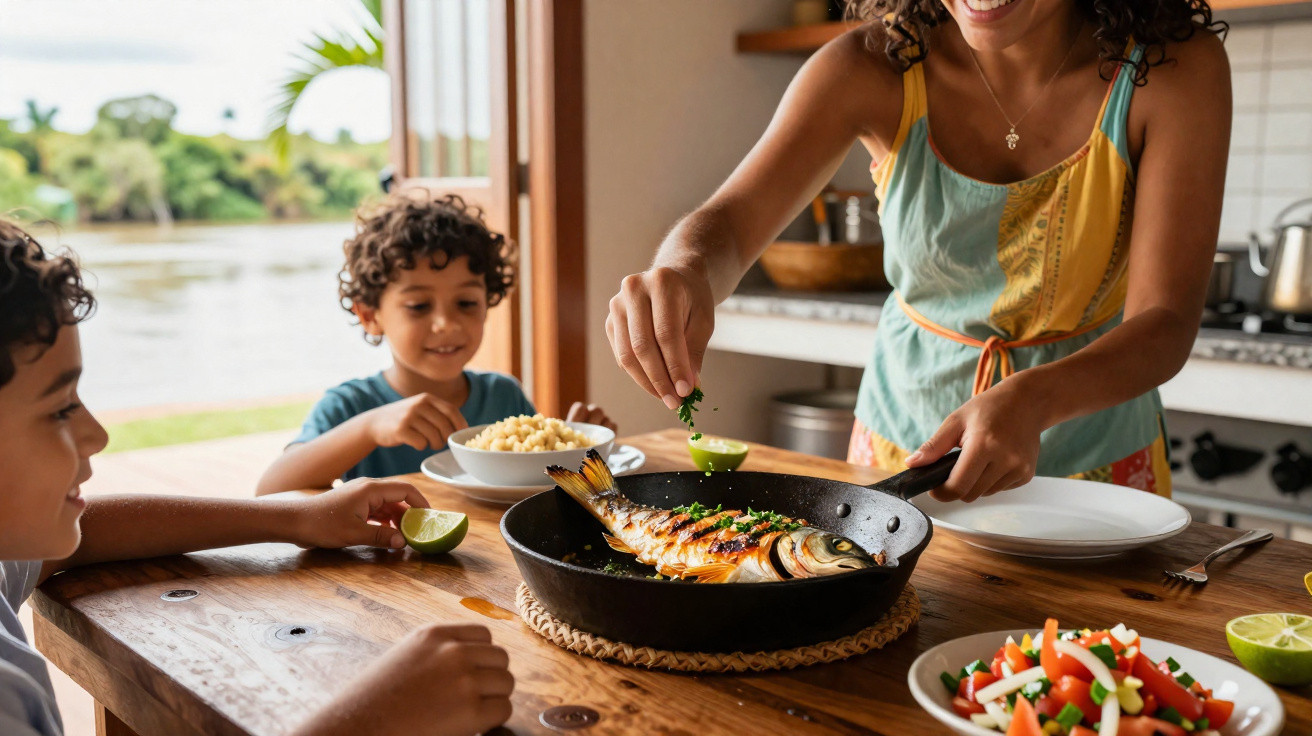 Mulher tempera peixe grelhado na frigideira enquanto duas crianças esperam à mesa com arroz e salada.