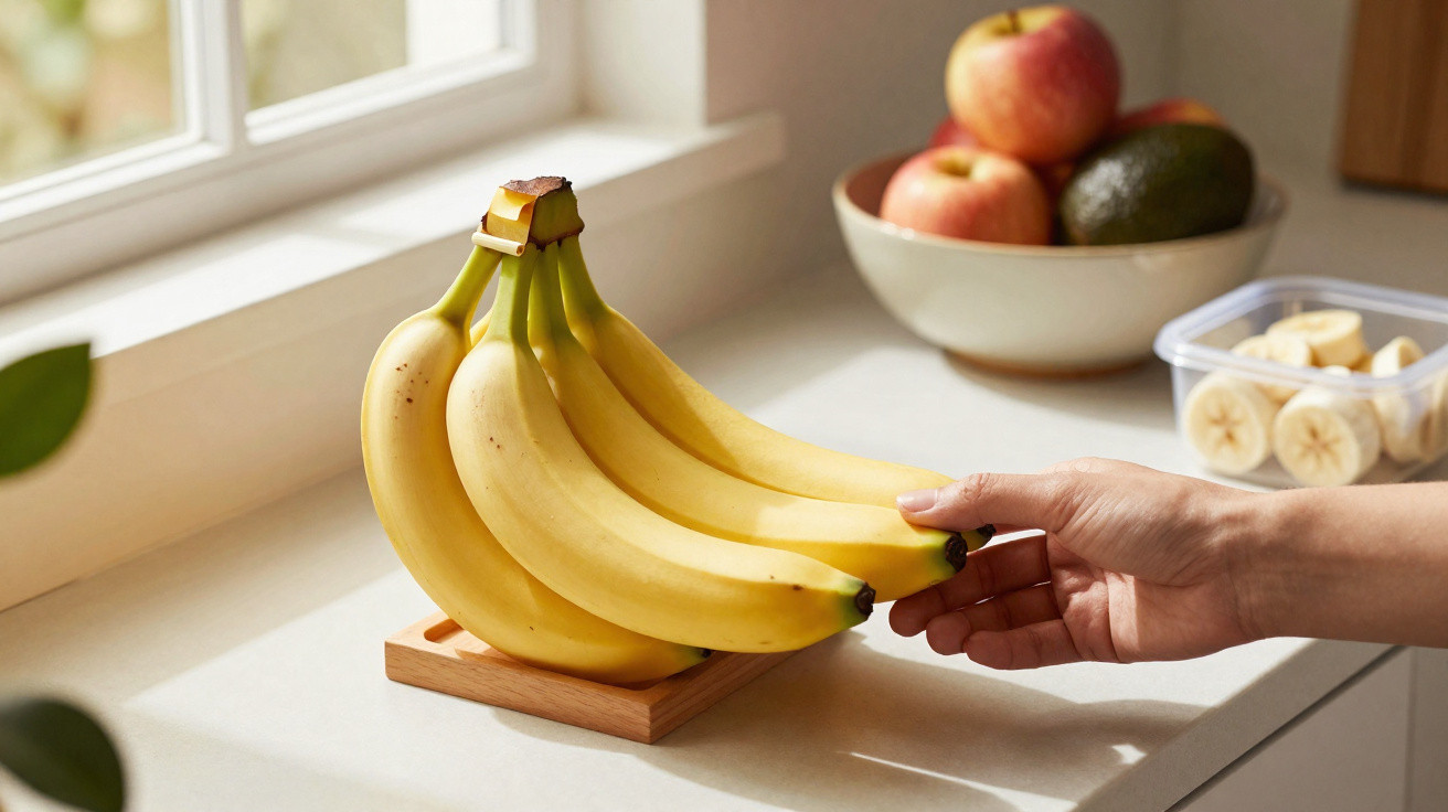 Mão a tocar um cacho de bananas maduras numa bancada perto de uma janela com luz natural.