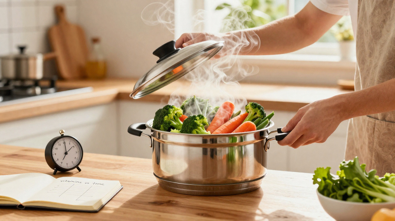 Pessoa a levantar tampa de panela com legumes a cozinhar a vapor numa cozinha iluminada.