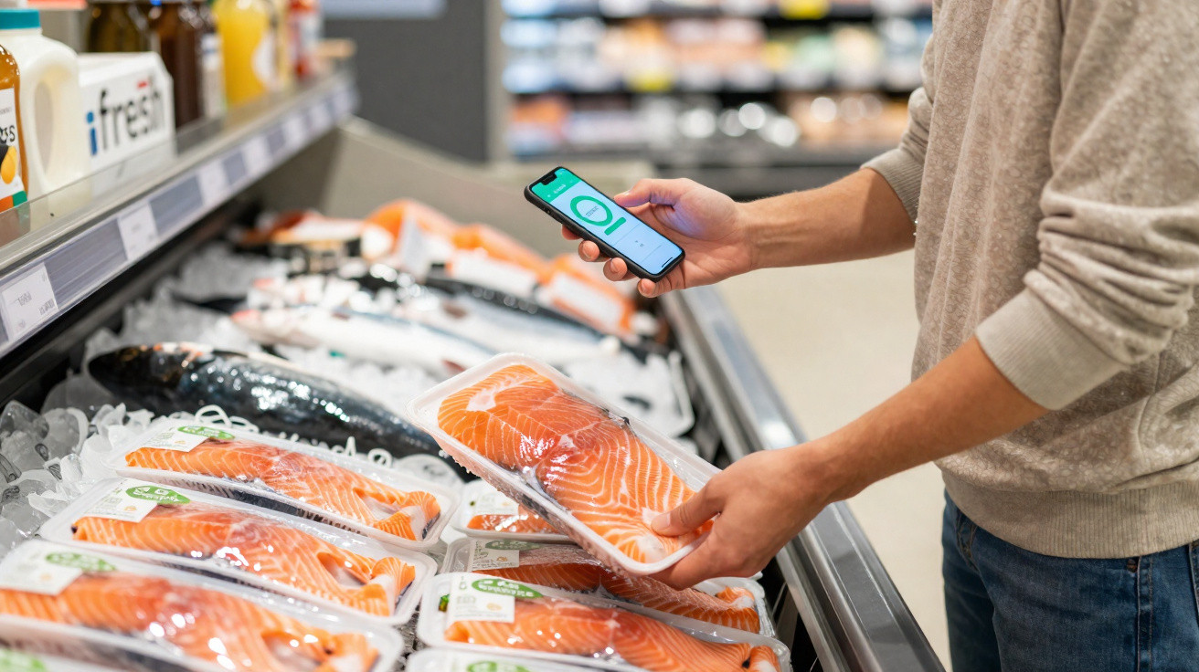 Pessoa a segurar embalagem de salmão e consultar telemóvel na seção de peixaria de supermercado.