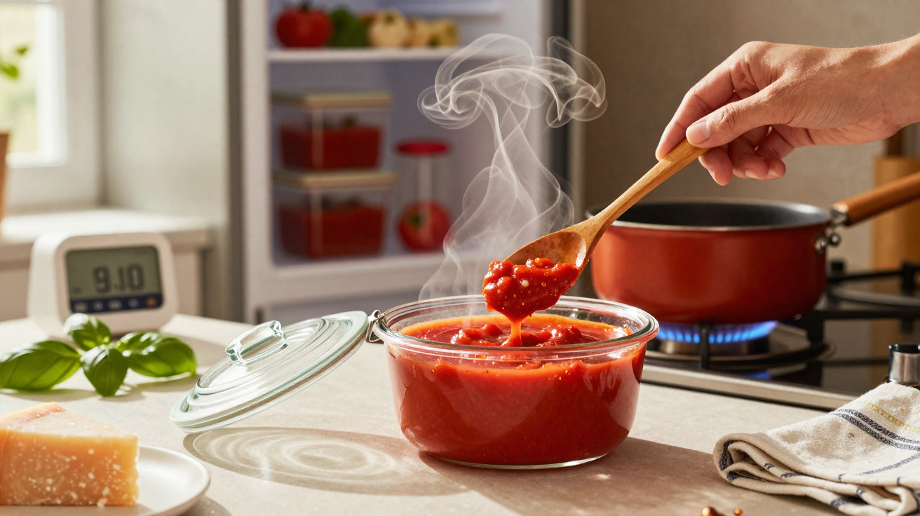 Mão a mexer molho de tomate quente numa taça de vidro com vapor, panela vermelha ao fundo na fogão.