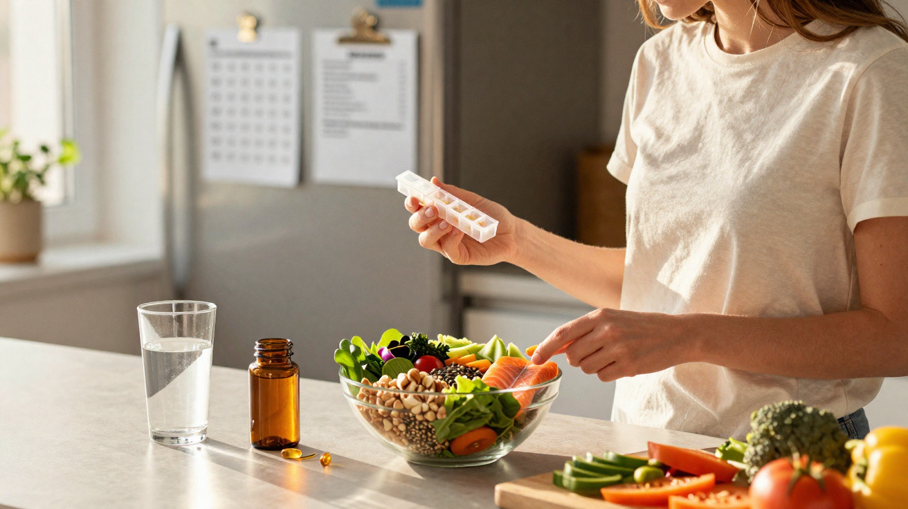 Pessoa a tomar vitaminas junto a uma salada colorida numa cozinha iluminada pelo sol.
