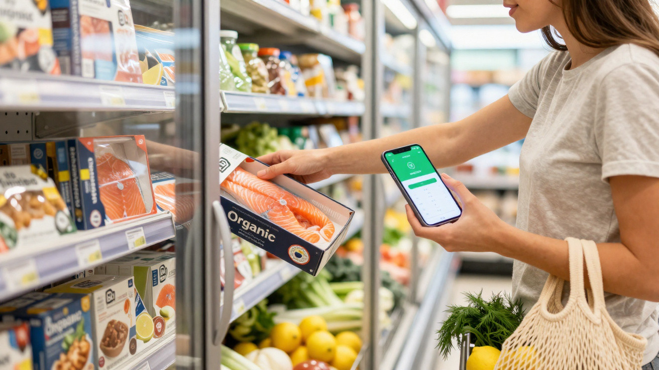 Mulher com telemóvel em mão a escolher salmão embalado numa secção de supermercado.
