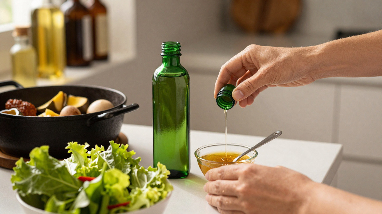 Mãos a verter azeite de uma garrafa verde para um recipiente com molho ao lado de uma salada fresca numa cozinha.