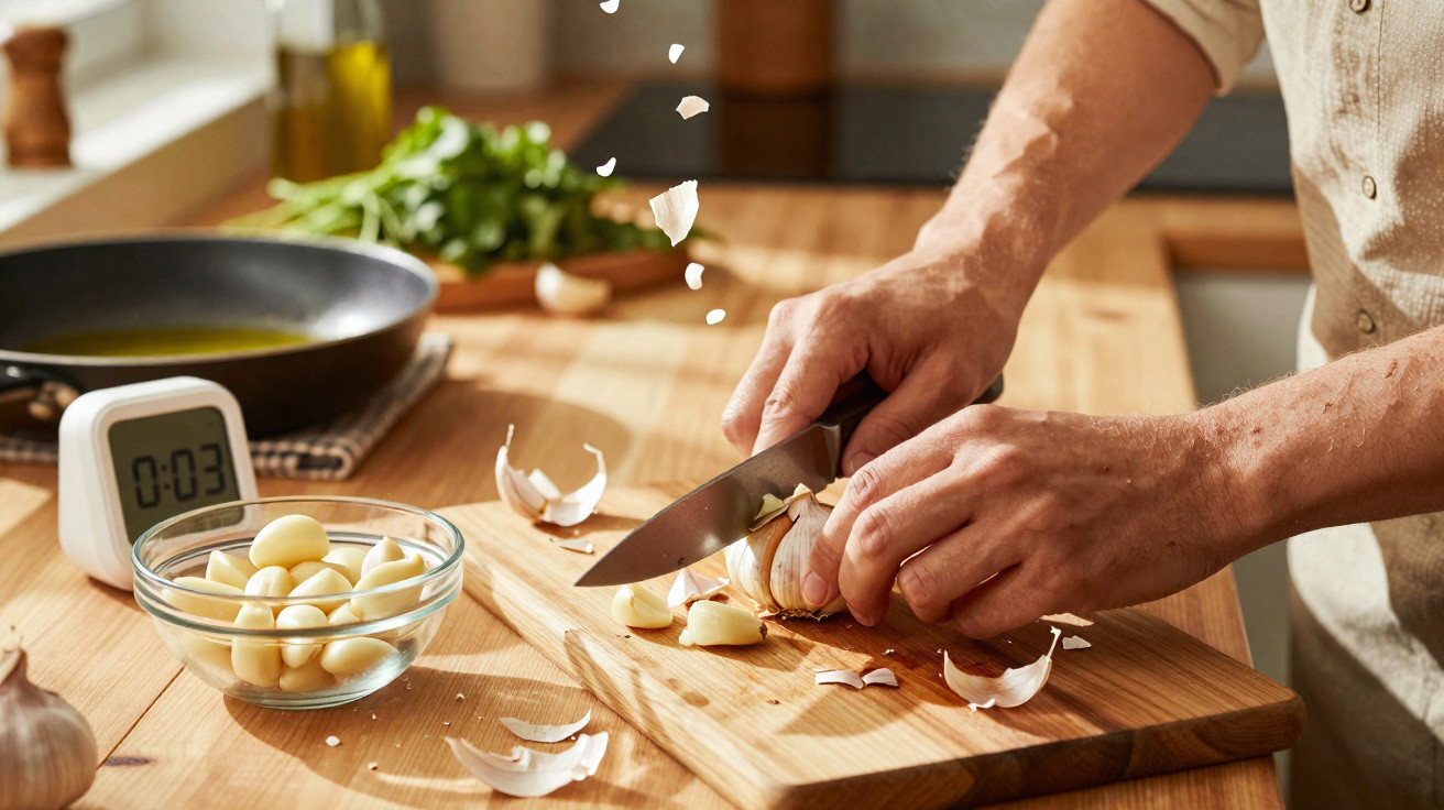 Mãos a cortar dentes de alho num tábua de madeira numa cozinha com utensílios e timer visível.