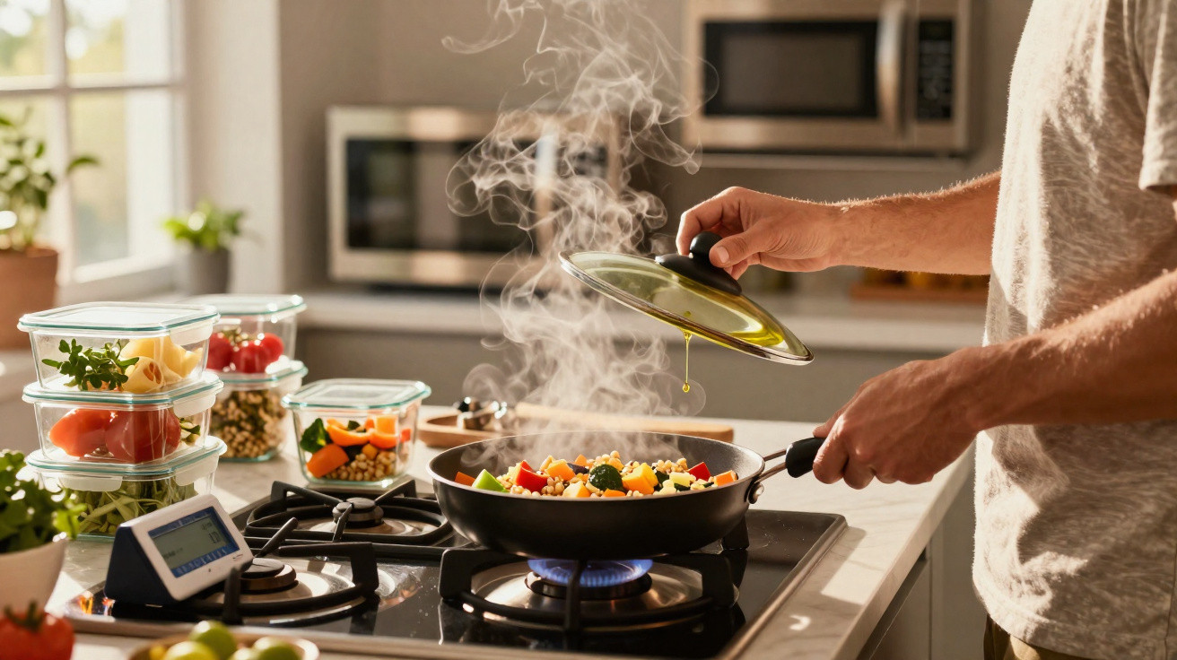 Pessoa a levantar tampa de frigideira com legumes coloridos a cozinhar num fogão a gás numa cozinha moderna.