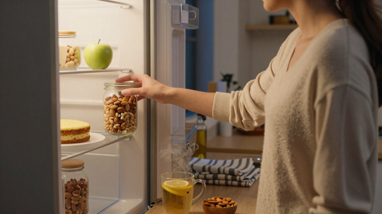 Pessoa a guardar frascos com frutos secos no frigorífico aberto numa cozinha doméstica à noite.