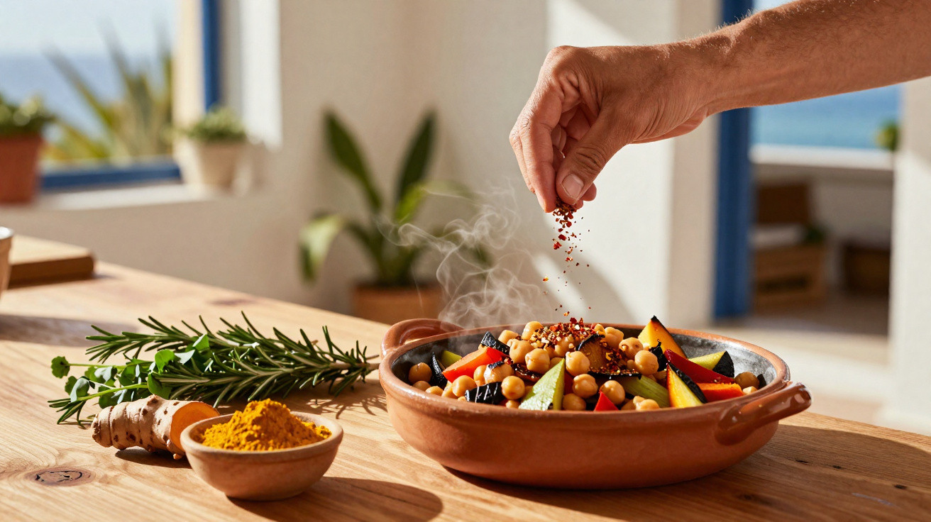Mão a polvilhar especiarias numa travessa de legumes e grão fumegante sobre mesa de madeira.