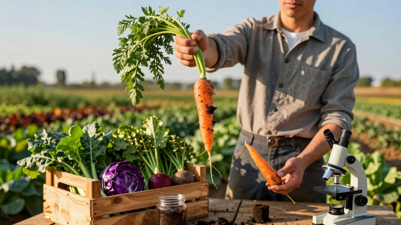 Pessoa segura cenoura fresca com terra junto a caixa de legumes numa horta ao ar livre.