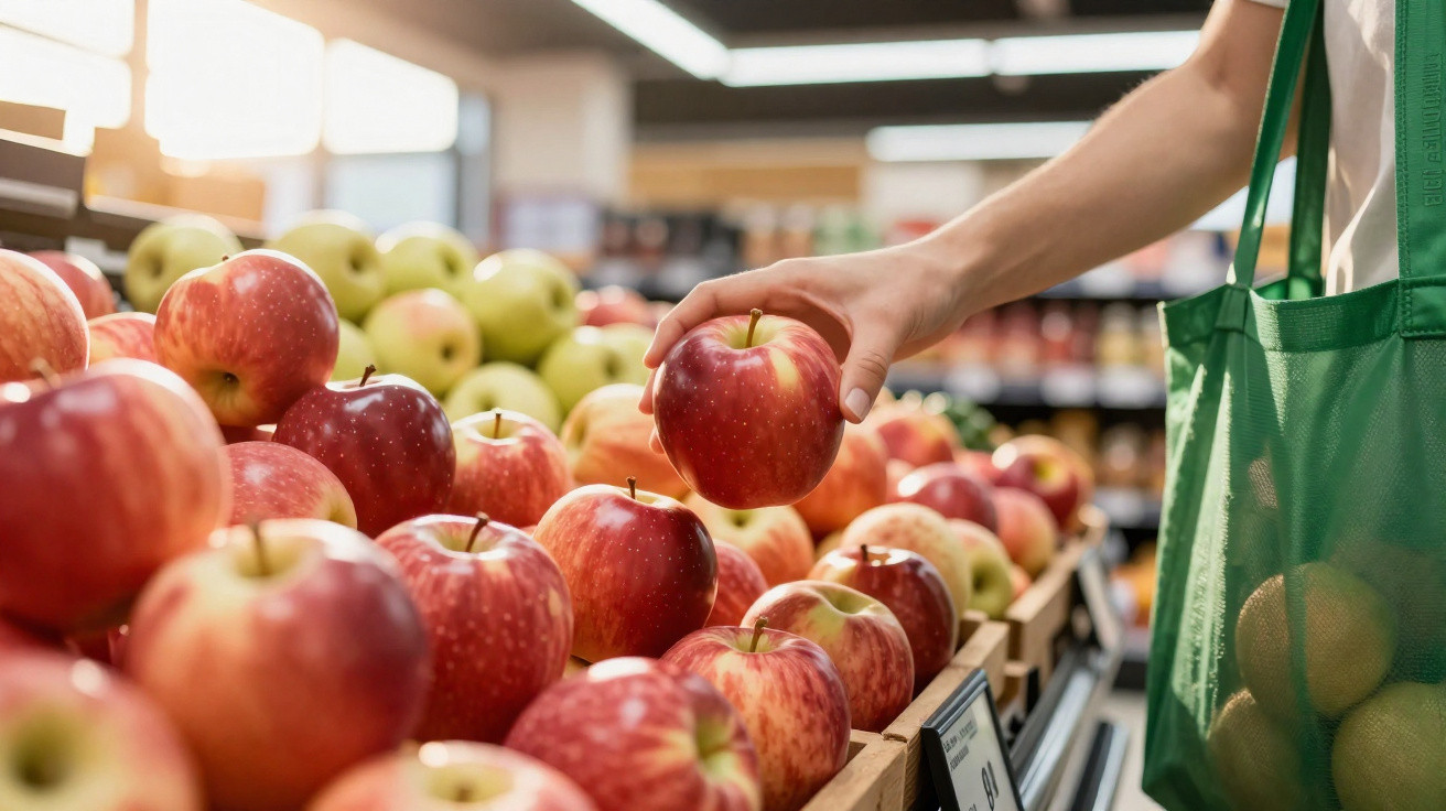 Mão a apanhar maçã vermelha numa banca de frutas num supermercado, com saco reutilizável verde ao lado.