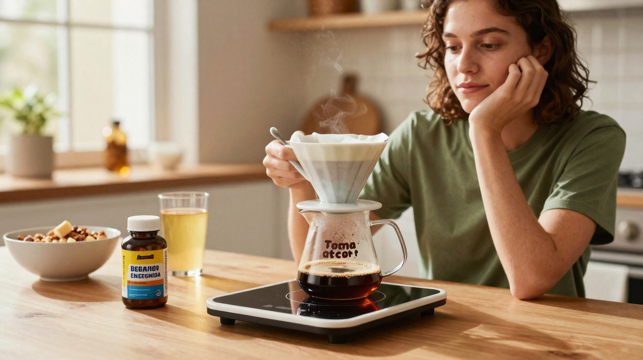 Jovem a preparar café de filtro numa cozinha luminosa, com suplemento energético e frutos secos à mesa.