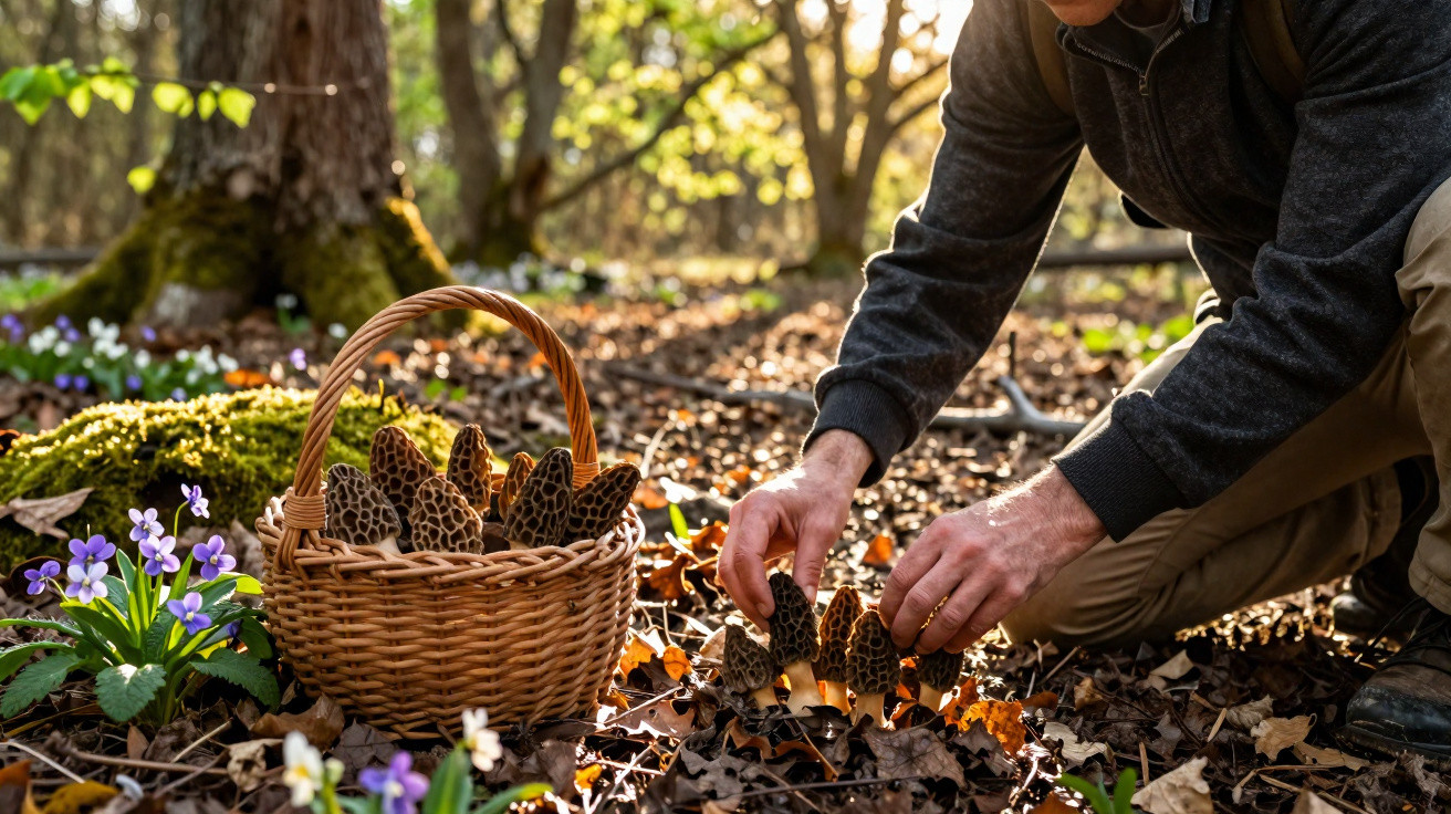 Pessoa a colher cogumelos silvestres em floresta, com cesta de vime cheia de cogumelos ao lado.