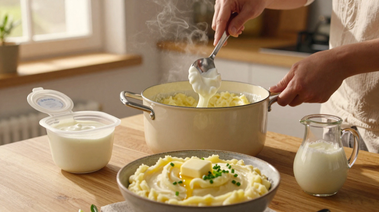 Pessoa a servir puré de batata quente com manteiga, creme e leite numa cozinha iluminada.