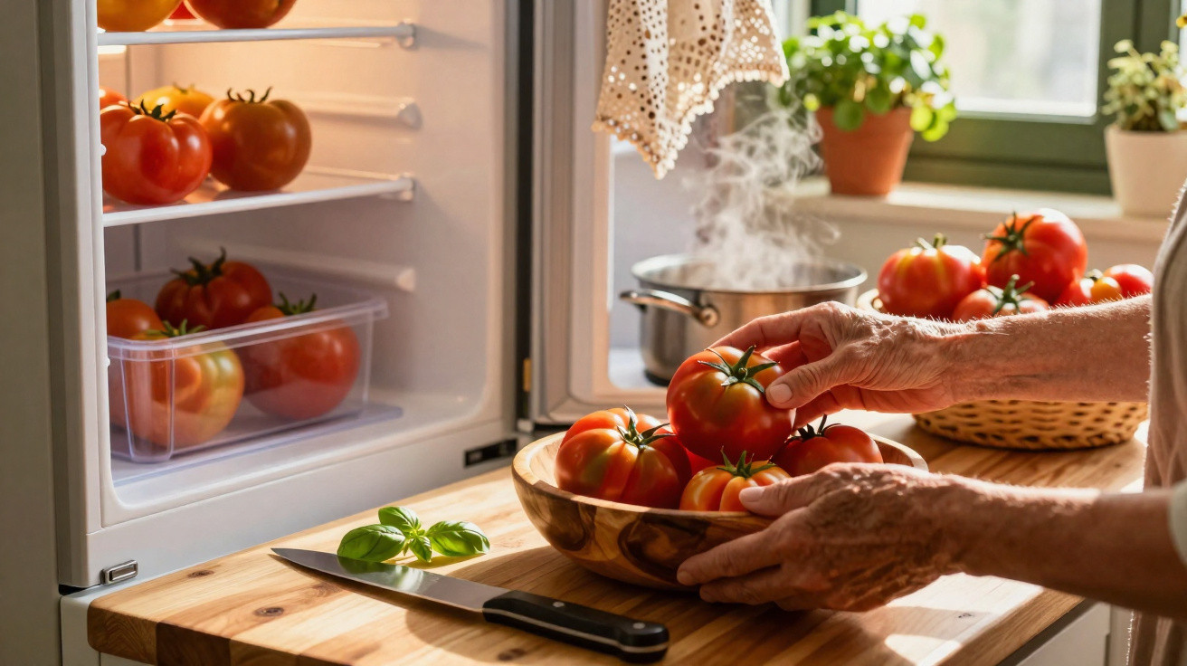 Mãos de idoso a colocar tomates numa taça de madeira numa cozinha iluminada, com fogão e frigorífico ao fundo.