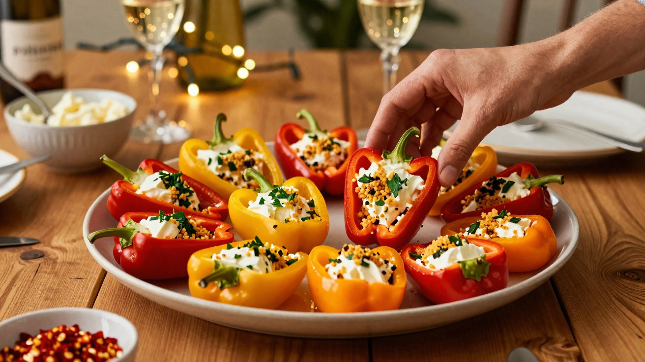 Mãos a pegar pimento recheado com queijo cremoso e ervas, em prato com vários pimentos coloridos numa mesa de madeira.