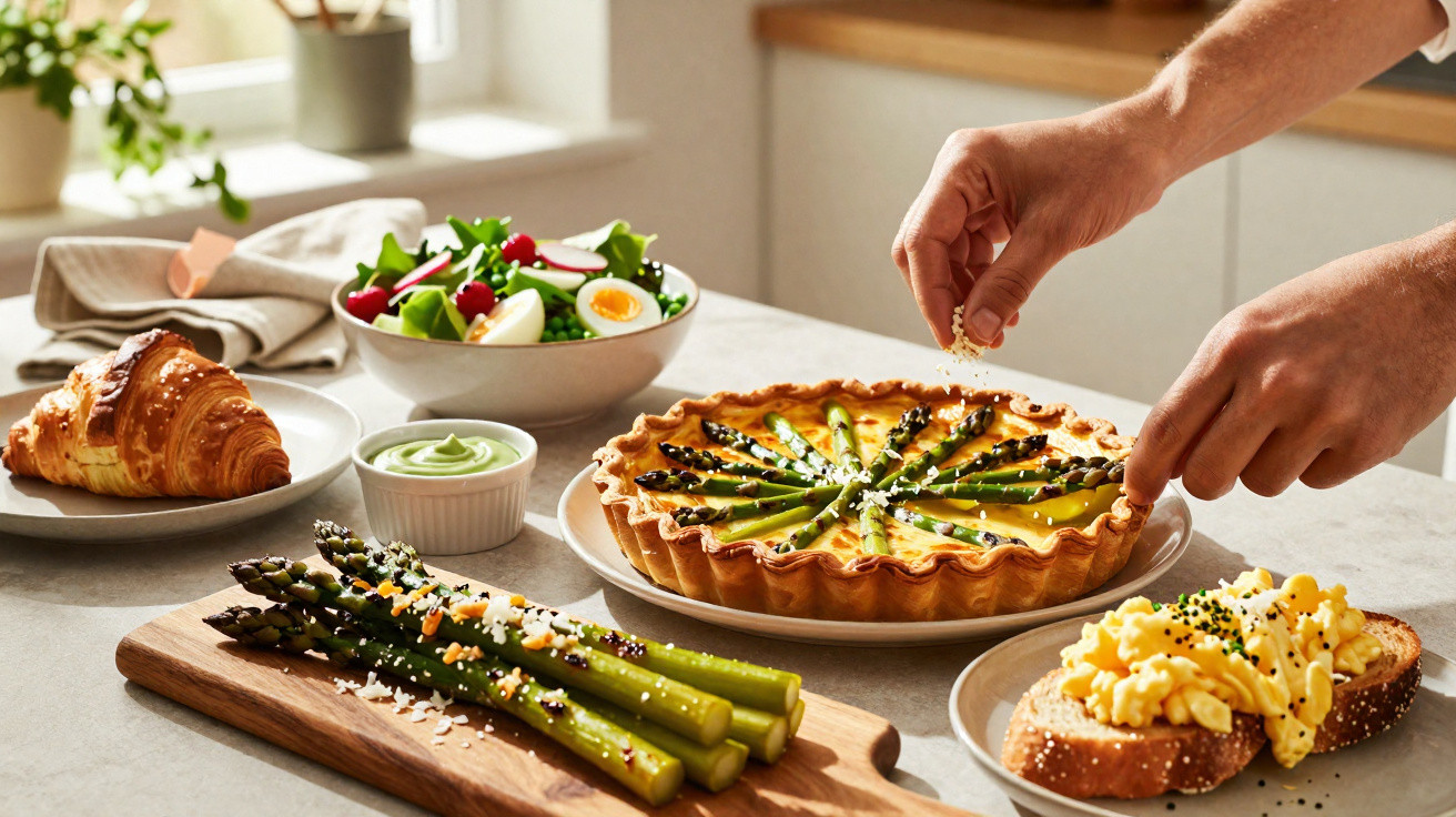Mãos a polvilhar sementes numa tarte de espargos, com salada, croissant, molho verde e espargos grelhados.