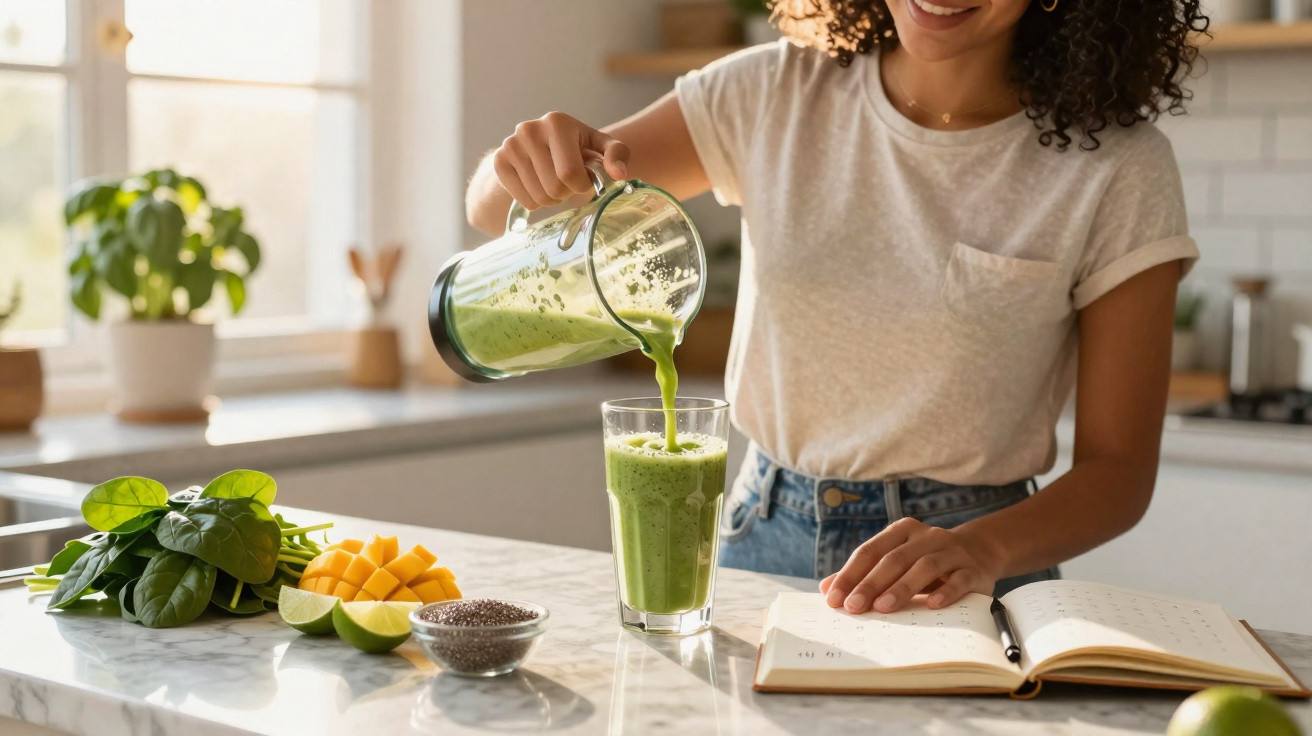 Mulher a servir batido verde numa cozinha, com ingredientes frescos e caderno de receitas na bancada.
