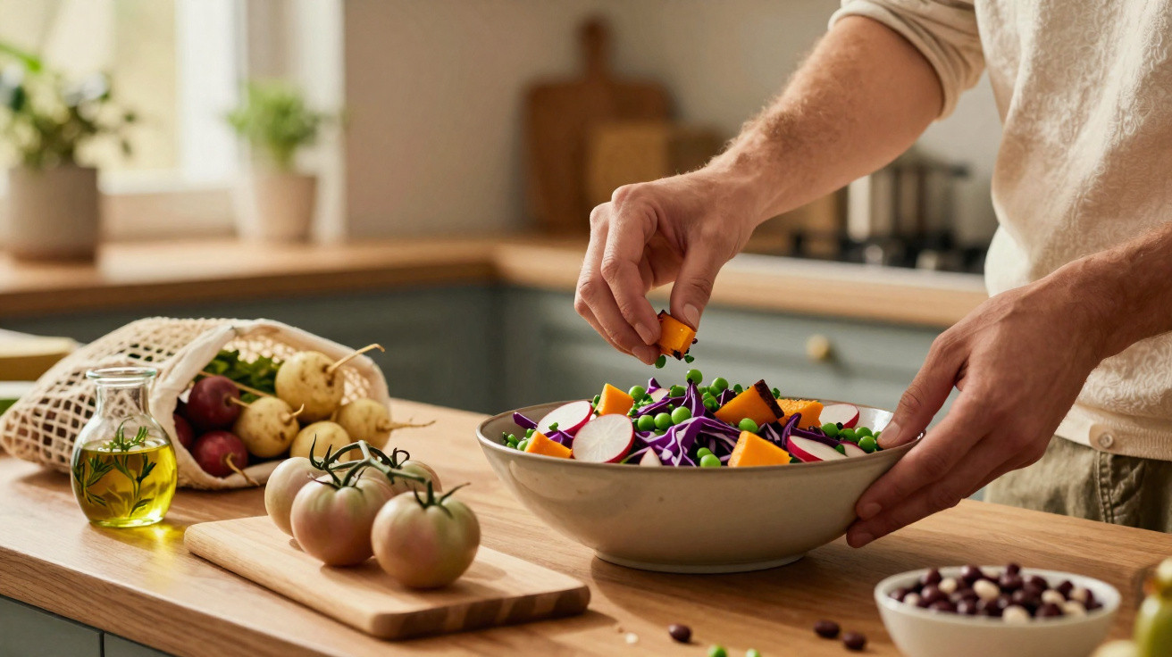 Pessoa a preparar salada com legumes frescos numa cozinha acolhedora e iluminada.