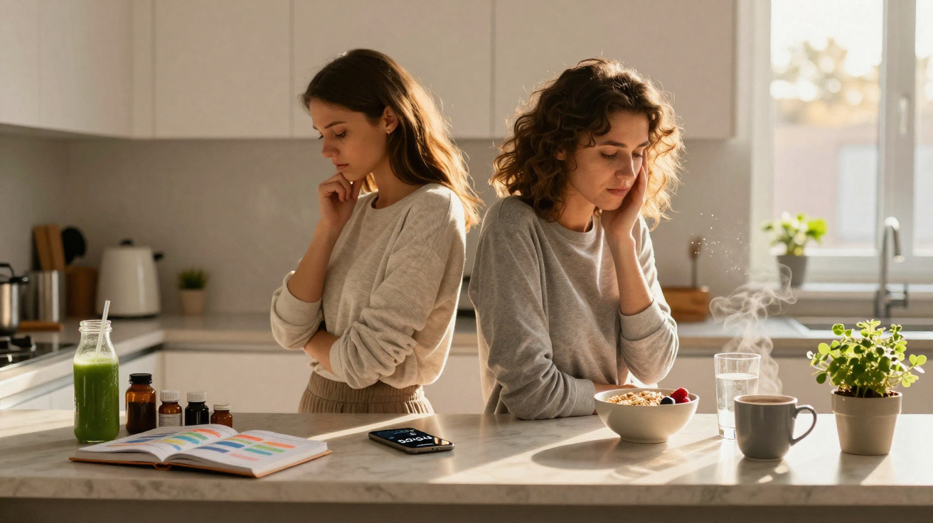 Duas mulheres sentadas de costas uma para a outra na cozinha, com expressão pensativa e ambiente matinal.