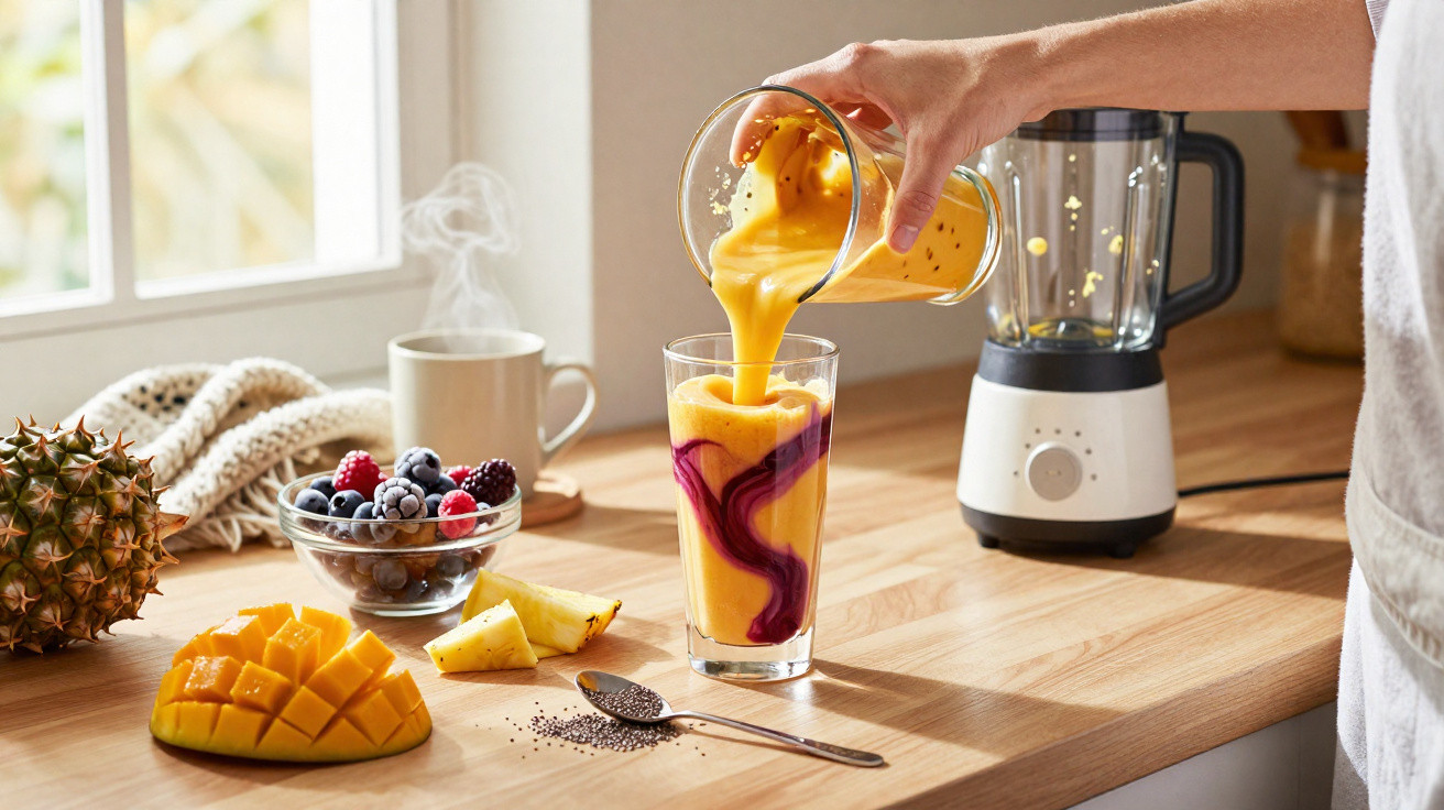 Pessoa a verter smoothie amarelo num copo com puré roxo, frutas frescas e liquidificador na bancada da cozinha.