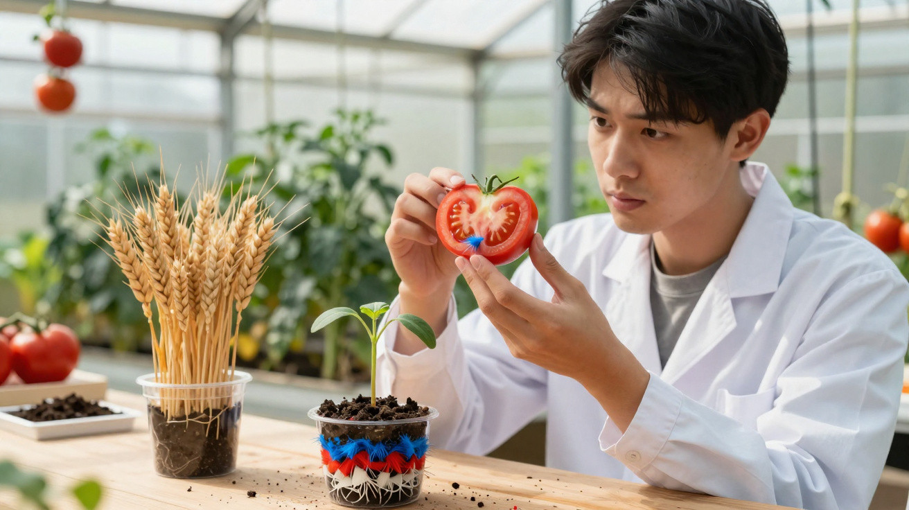 Homem em bata branca analisa fatia de tomate em estufa com plantas e trigo em copos transparentes.