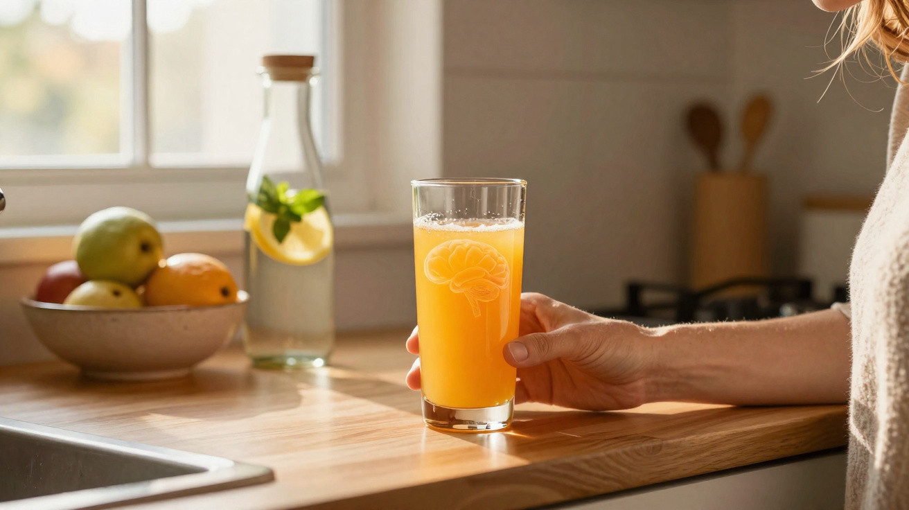 Pessoa segura copo com sumo de laranja na cozinha, ao lado de jarra de água com limão e tigela de frutas.