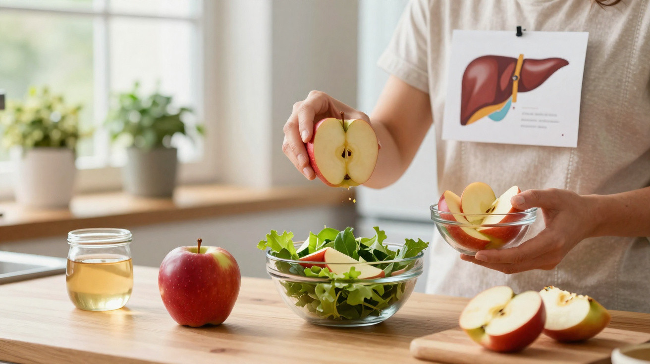 Pessoa a preparar salada com maçãs e alface, com imagem de fígado afixada na roupa.