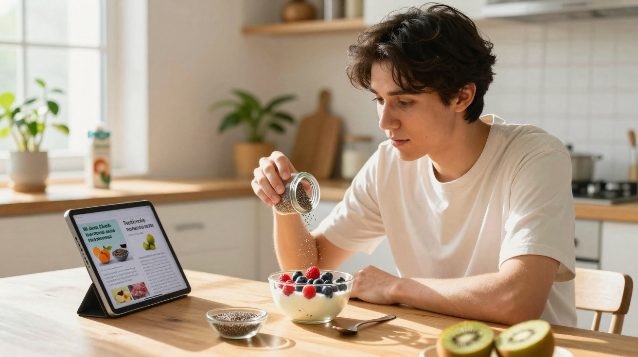 Jovem a temperar um iogurte com sementes numa cozinha iluminada, com ecrã tablet ao lado.