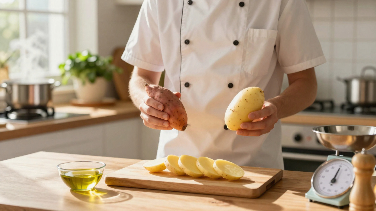 Cozinheiro a segurar batatas cruas ao lado de batatas fatiadas numa tábua de madeira na cozinha.