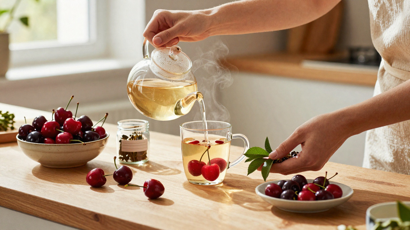 Pessoa a servir chá quente numa chávena com cerejas, em cozinha luminosa e decorada com frutos vermelhos.