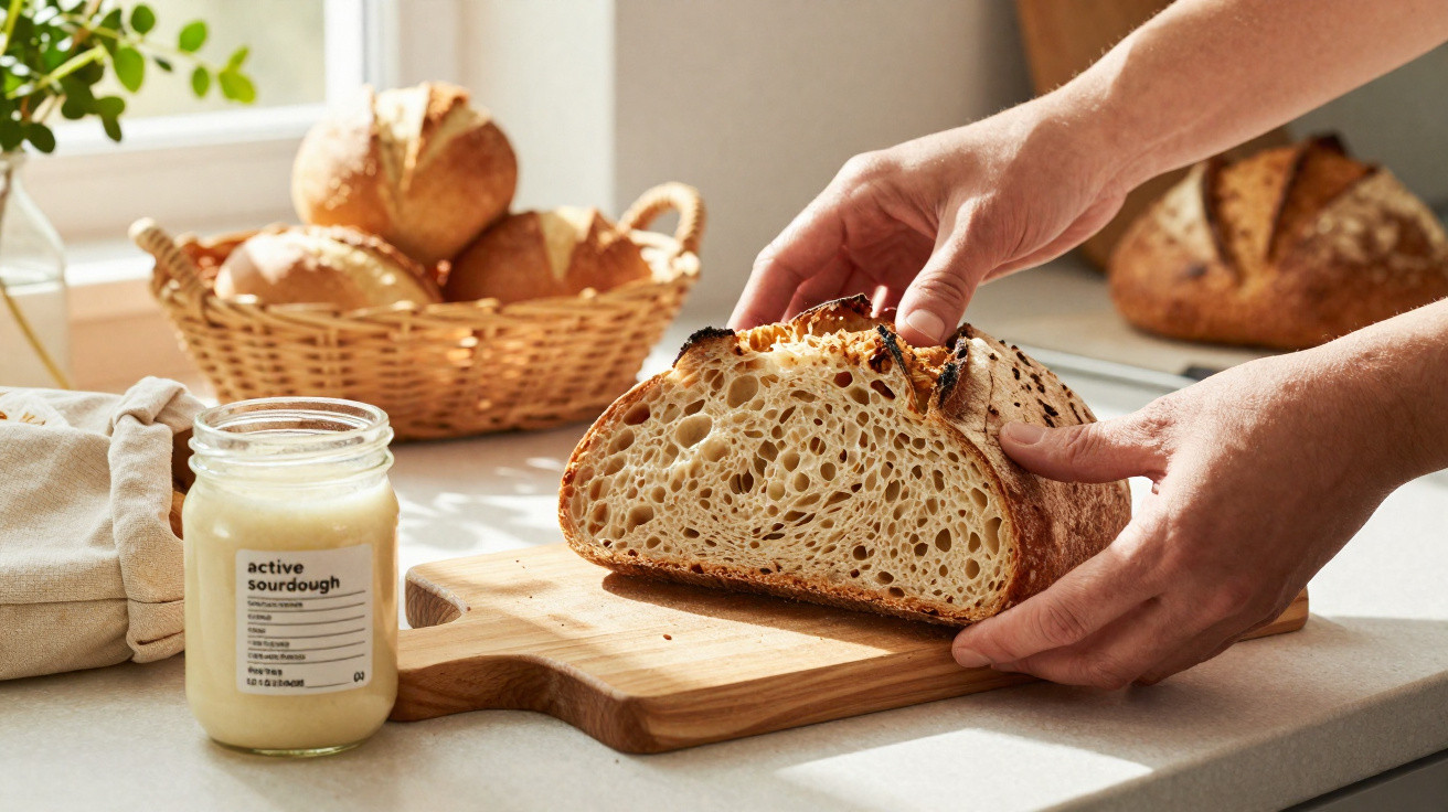 Pão caseiro com crosta dourada e interior alveolado colocado numa tábua de madeira, próximo de fermento natural.