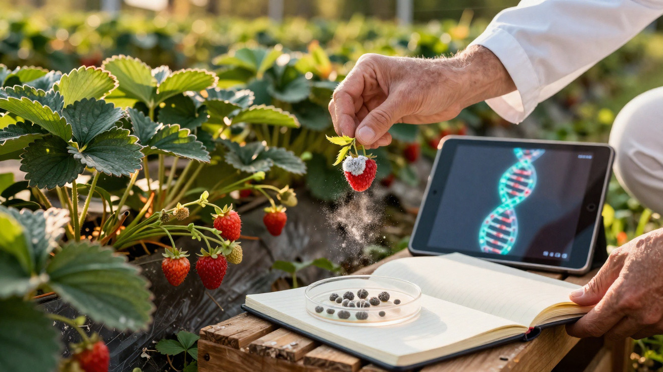 Investigador a analisar morangos num campo com tablet a mostrar estrutura de ADN.