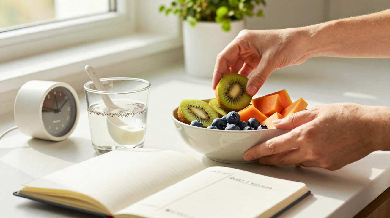 Mãos a pegar kiwi numa taça com fruta, ao lado de relógio, copo com iogurte e agenda aberta numa mesa iluminada.