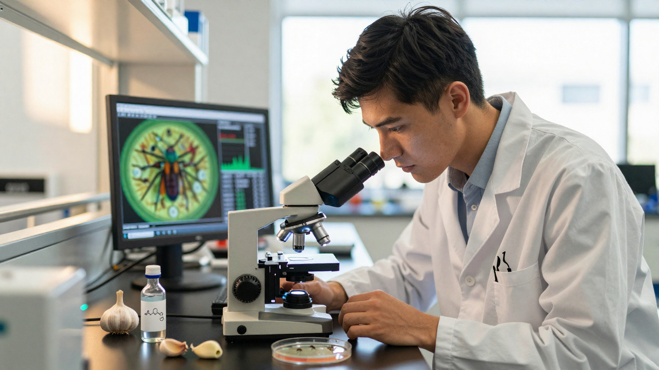 Cientista de bata branca a observar amostra no microscópio num laboratório com imagem de inseto no ecrã do computador.