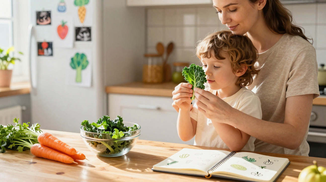 Mãe e filho a observar folha de couve na cozinha com legumes e livro de receitas sobre a mesa.
